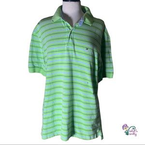 Men's Tommy Hilfiger Short-Sleeve Green Blue & White Striped Polo Shirt Size L